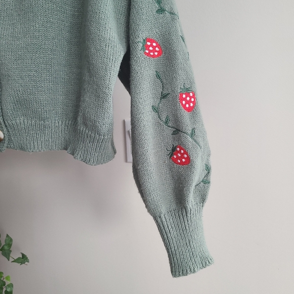 Sage Green Cropped Strawberry Cardigan - Picture 4 of 12